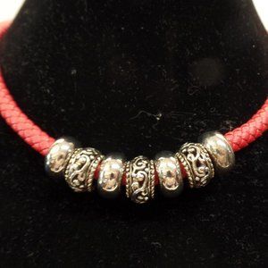 Red Weaved Leather & Silvertone Necklace